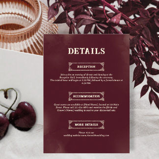 Vintage Minimalist Burgundy Ivory Wedding Details Enclosure Card
