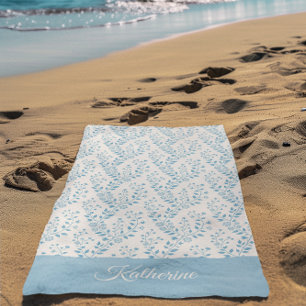 Vintage Minimalist Dusty Blue Cream Floral Script  Beach Towel