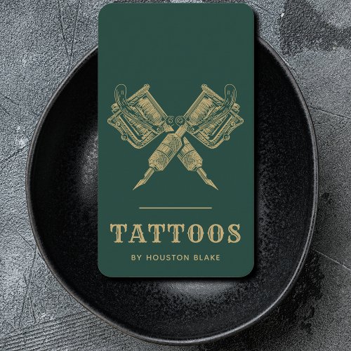 Vintage Minimalist Green And Gold Tattoo Artist Business Card