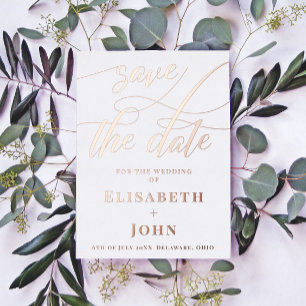 Vintage Minimalist Rose Gold Wedding Save the Date Foil Holiday Card