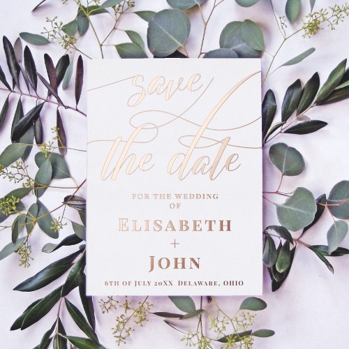 Vintage Minimalist Rose Gold Wedding Save the Date Foil Holiday Card
