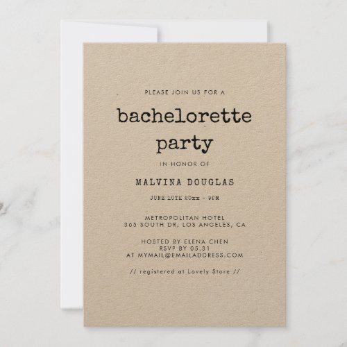 Vintage minimalist typewriter Bachelorette Party Invitation
