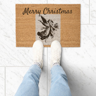 Vintage Minimalistic Merry Christmas Angel Fiber Doormat