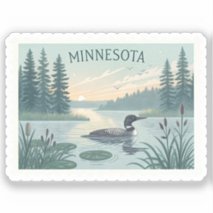 Vintage Minnesota Loon Lake Sunset Stamp Sticker