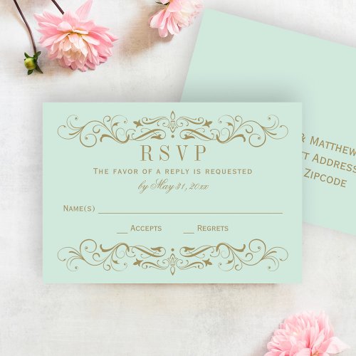 Wedding RSVP Postcard | Antique Gold Flourish