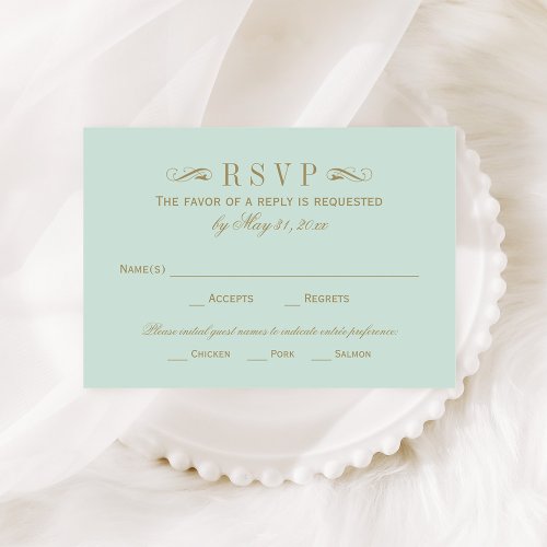 Vintage Mint and Antique Gold Flourish Wedding RSVP Card