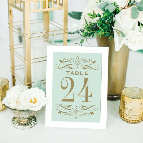 Vintage Mint and Antique Gold Flourish Wedding Table Number