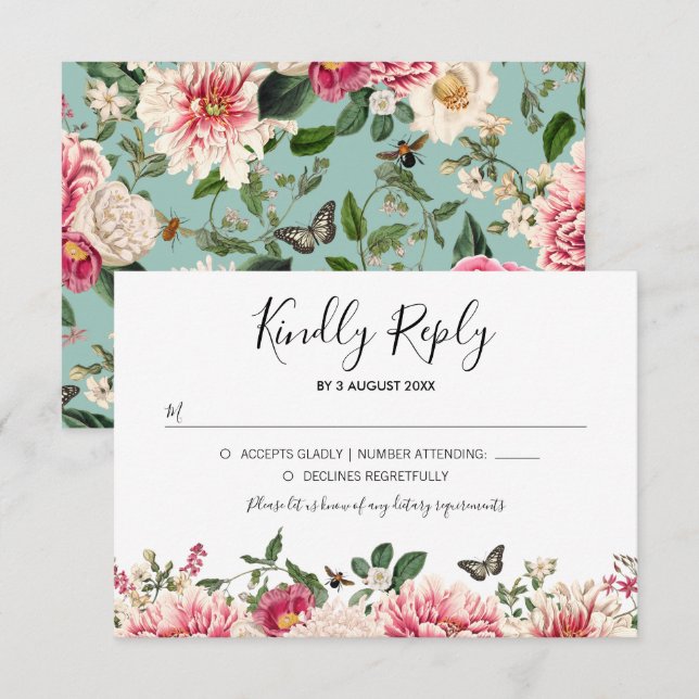 Vintage Mint Aqua Floral Garden Wedding RSVP Card (Front/Back)