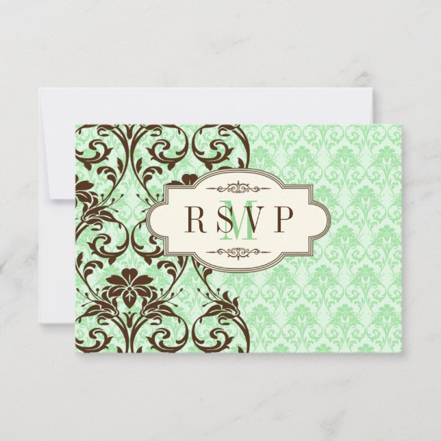 Vintage Mint, Brown Scrolls Wedding Reply Card (Front)