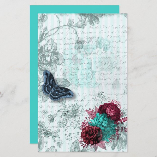 Vintage mint burgundy butterfly scrapbook paper (Front/Back)