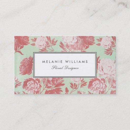 Customizable Vintage Mint Coral Peonies Floral Business Cards