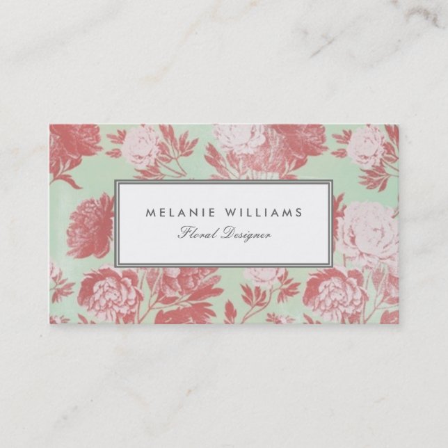 Vintage Mint Coral Peonies Floral Business Cards (Front)