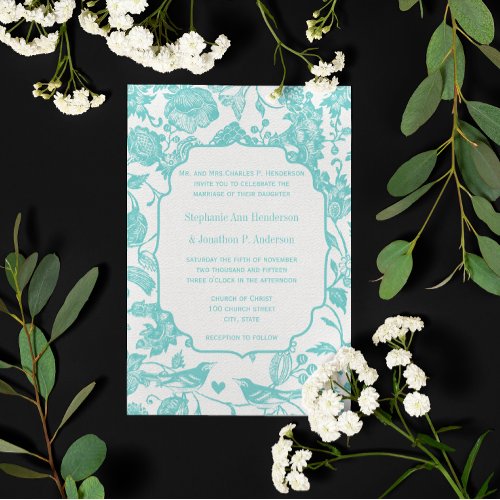 Vintage Mint Floral Pattern Love Bird Wedding Invitation