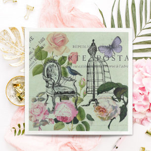 Vintage Mint French Pink Rose Paris Party Paper Dinner Napkins