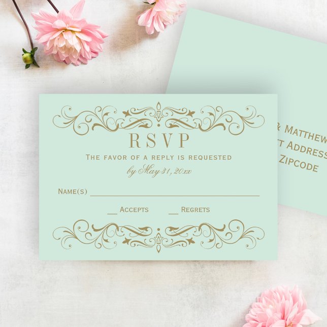 Vintage Mint Gold Flourish Wedding RSVP Card (Creator Uploaded)