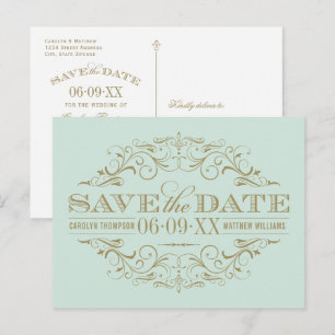 Vintage Mint Gold Scrollwork Save the Date Announcement Postcard