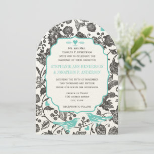 Vintage Mint Gray Floral Pattern Love Bird Wedding Invitation
