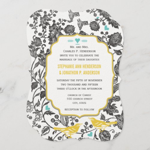 Vintage Mint Gray Yellow Floral Love Bird Wedding Invitation