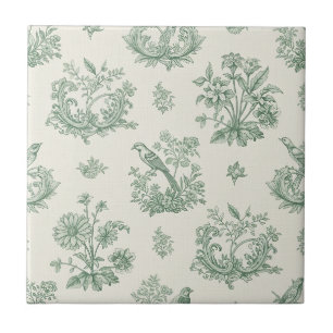 Vintage Mint Green Bird Toile Floral Pattern Ceramic Tile