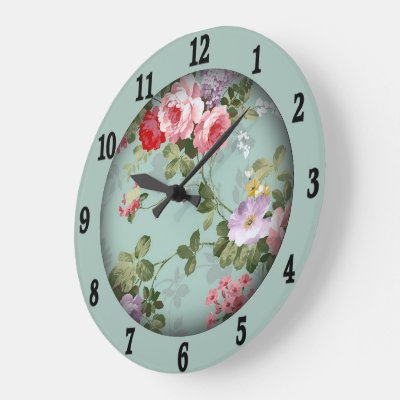 Vintage Mint Green Floral Design  Large Clock