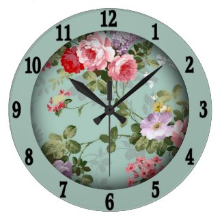 Vintage Mint Green Floral Design  Large Clock