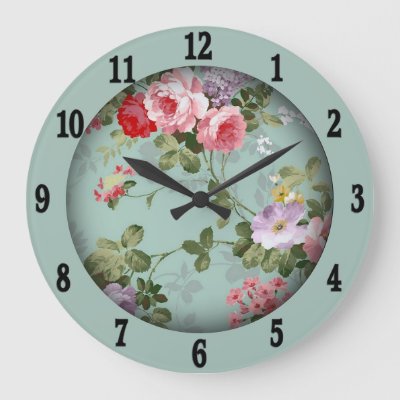 Vintage Mint Green Floral Design  Large Clock