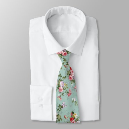 Vintage Mint Green Floral Design  Neck Tie