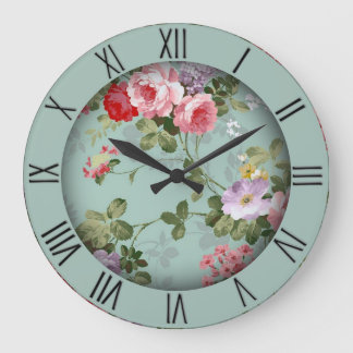 Vintage Mint Green Floral Design Roman Numerals Large Clock