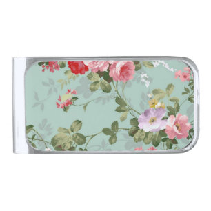 Vintage Mint Green Floral Design Silver Finish Money Clip