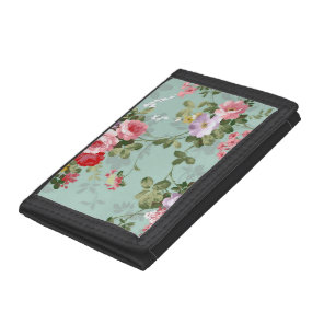 Vintage Mint Green Floral Design  Tri-fold Wallet