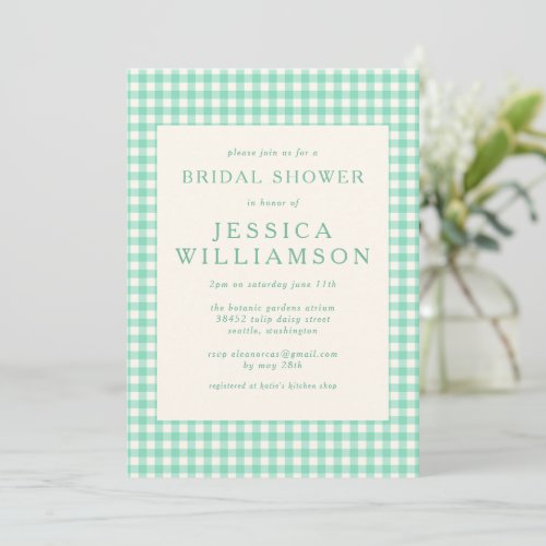 Vintage Mint Green Gingham Plaid Bridal Shower Invitation