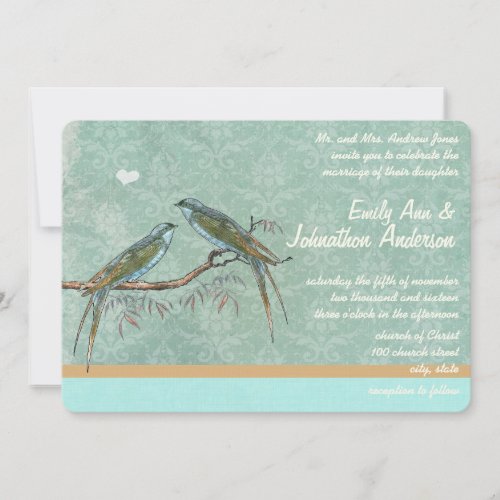 Vintage Mint Green Love Bird Damask Wedding Invite