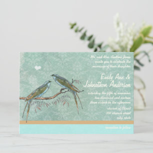Vintage Mint Green Lovebird Damask Wedding Invitation