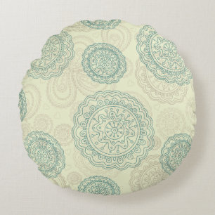 Vintage Mint Green Mandala Paisley Pattern Round Pillow