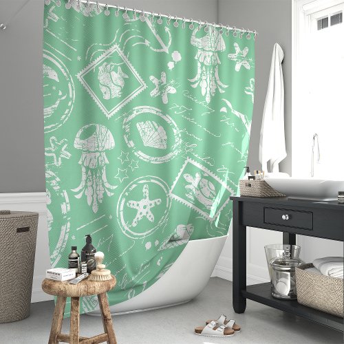 Vintage Mint Green Nautical Sea Stamp Shower Curtain