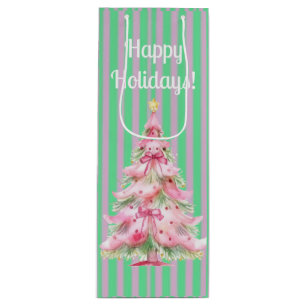 Vintage Mint Green Pink Stripe Christmas Tree Wine Gift Bag