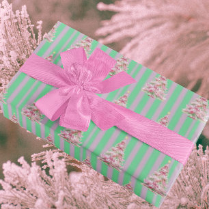 Vintage Mint Green Pink Stripe Christmas Tree Wrapping Paper