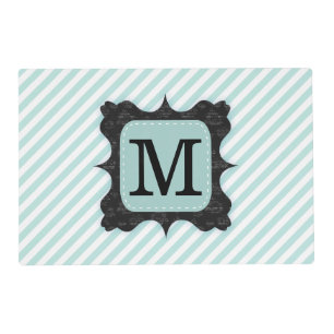 Vintage Mint Green Stripes Pattern Black Monogram Placemat
