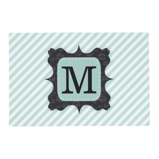 Vintage Mint Green Stripes Pattern Black Monogram Placemat (Front)