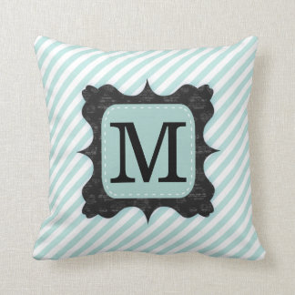 Vintage Mint Green Stripes Pattern Black Monogram Throw Pillow