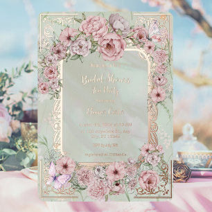 Vintage Mint Peony Bridal Shower Tea Party Foil Invitation