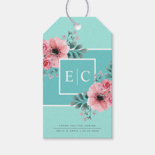 Vintage Mint & Pink Flowers Monogram Wedding Gift Tags