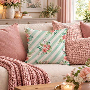 Vintage Mint Pink Shabby Chic Rose Throw Pillow