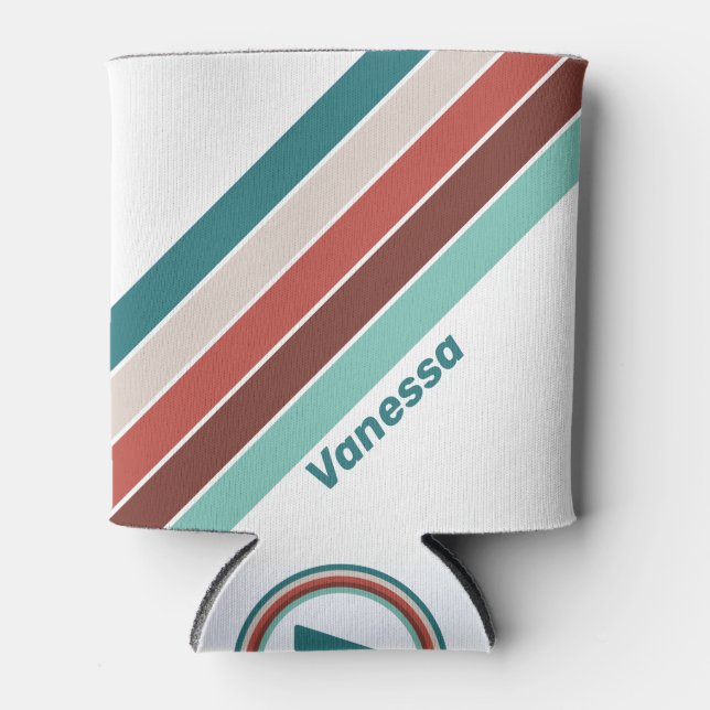 Vintage Mint Rainbow Stripes with Name Can Cooler (Front)