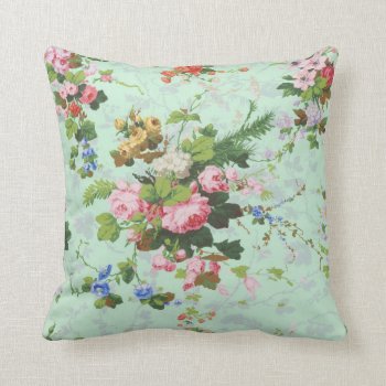 Vintage Mint Shabby Floral Chic Roses Rose Flowers Throw Pillow by iBella at Zazzle