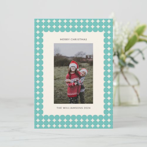 Vintage Mint Teal Green Geometric Dots Photo Holiday Card