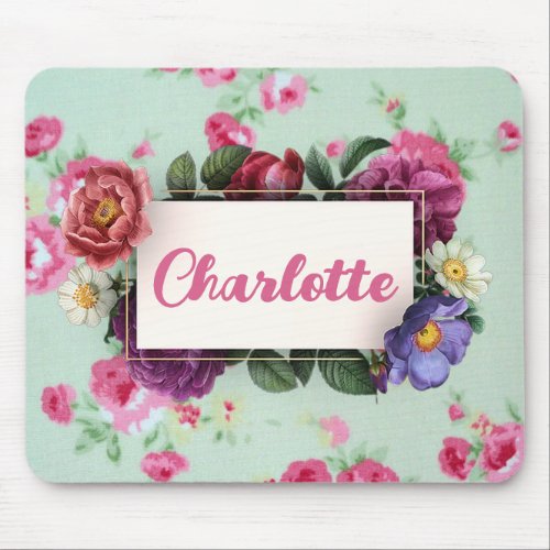 Vintage Minty Pink Rose Name Mouse Pad