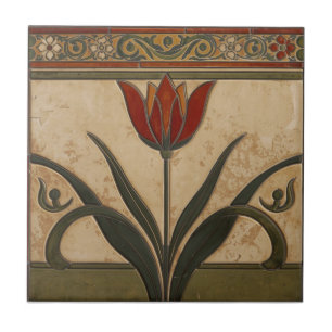 Vintage Mission Style Red Tulip Frieze Ceramic Tile