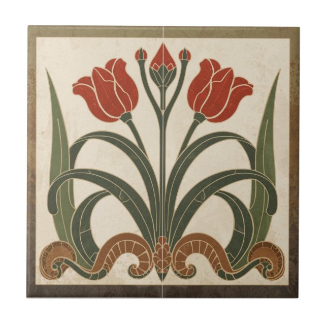 Vintage Mission Style Red Tulip Frieze Ceramic Tile (Front)