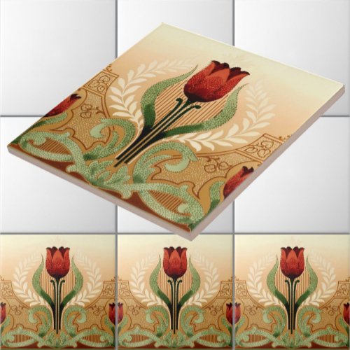 Vintage Mission Style Red Tulip Frieze Ceramic Tile